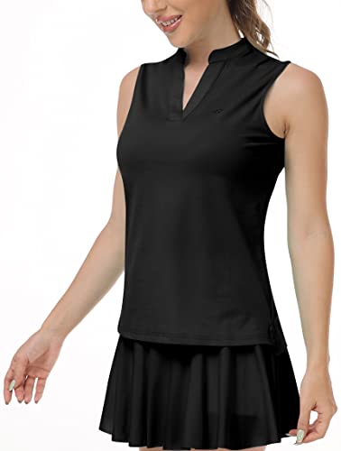 Mofiz Women's Tennis Shirts Sleeveless Tops Golf T-Shirts Polo Shirts Stretchy Workout Shirts V-Neck Active Tanks M Black #TOP3