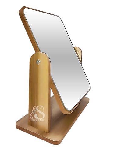 Image of ᵀᴹ Wooden Tabletop Makeup Mirror Vanity Table Stand Mirror Swivel Bamboo Mirror for Bedroom Bathroom Desk 360 Degree rotatable Cosmetic Mirror for Makeup (Square Wooden Mirror)