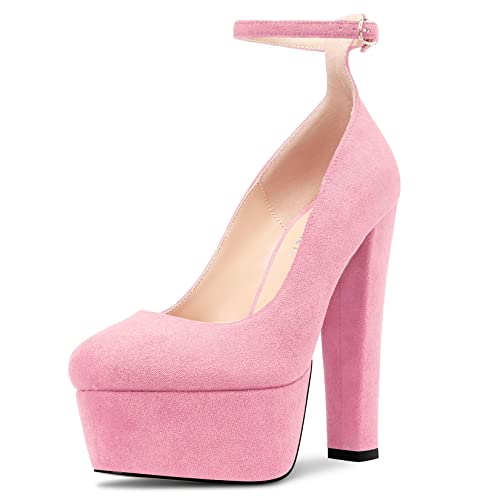 Castamere Women Chunky Block High Platform Heel Round Toe Ankle Strap Pumps Wedding Cute 5.9 Inches Heels
