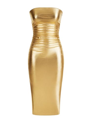 SOLY HUX Sexy Faux Leather Dress for Women Bodycon Strapless Party Club Midi Long Tube Dresses