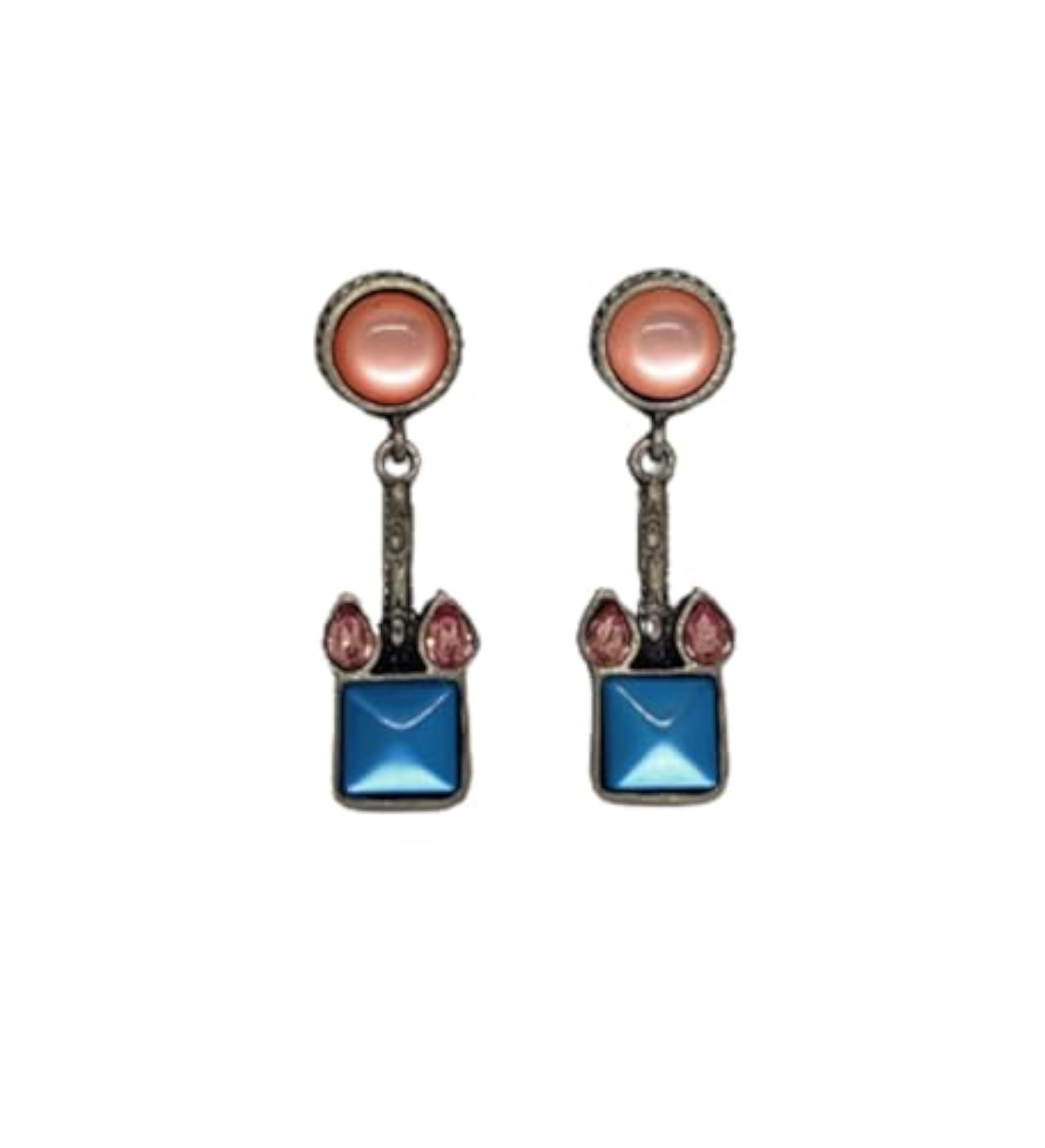 Pink and Blue Stone Studded German Silver Oxidised Earrings