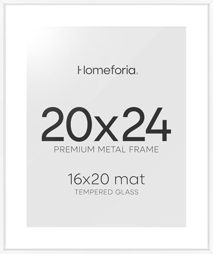 Image of Homeforia 20x24 Picture Frame White, High End Metal 20x24 Frame Matted to 16x20 Print, 20 x 24 White Poster Frames with Mat 16 by 20 inch Photo, 24x20 Hanging Frame, Tempered Glass, Wall Kit, Set of 2