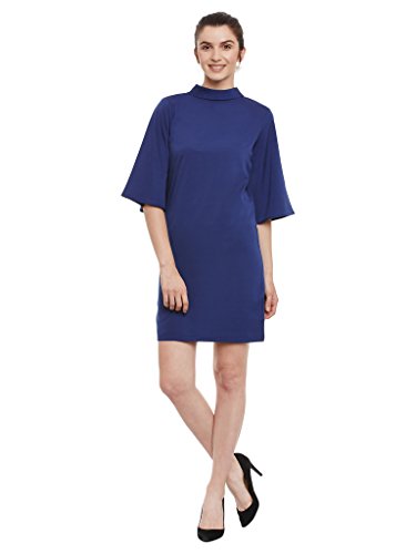 Image of Miss Chase Women's Navy Blue Plain Solid Round Neck 3 /4 Sleeve Collared Shift Dress