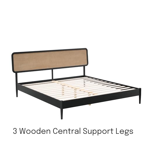 Image of NTC Lupin Wooden Bed Frame with Headboard, Solid Oak and Rubber Wood Foundation with Silent Slats and Wood Central Supports, 1000 Lb Capacity, Effortless Assembly, Queen - Burnt Black