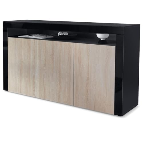 Vladon Buffet Valencia, Commode avec 3 Portes et 1 Compartiment Ouvert, Noir Mat/chêne Brut/Noir Haute Brillance (155 x 92 x 40 cm)