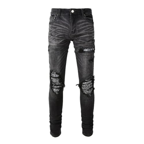 Jeans Pants Trousers Denim Street Trendy Wrinkle Cashew Blossom Hole Elastic Tight Fit Small Leg for Men3