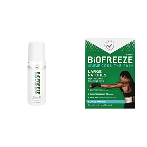 Biofreeze Professional Pain Relief Roll-On, 3 oz. Bottle, Green & Pain Relief Patch, Large, 5 Patches