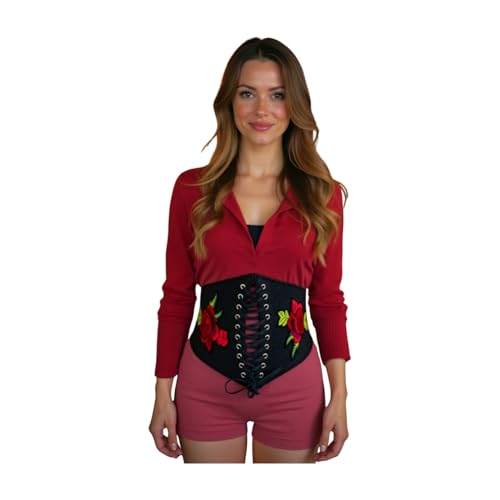 Women Fashion Black Denim Fabric Elastic Wide Corset Belt High Waist Red Flower Fit S M