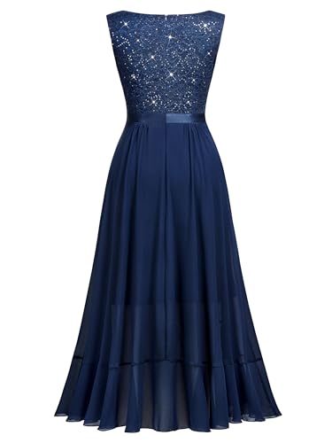 Image of Miusol Women's Vintage V-Neck Sleeveless Sequined Floral Lace Ruffle Split Evening Party Dress (X-Large, A-Navy Blue)