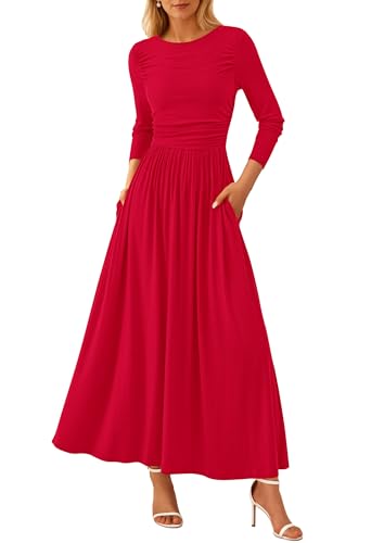 PRETTYGARDEN Women's 2025 Fashion Trendy Fall Long Sleeve Dresses Ruched Flowy Elegant Modest Boho Casual Beach Maxi Dress (Red,Medium)