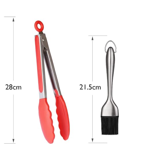 Image of Baskety Tongs Non-Stick Stainless Steel Silicone Kitchen Food Cooking Tongs Basting Oil, Sauce Brush Set for Grilling BBQ and Cooking Utensils (9 Inch Red with Brush)