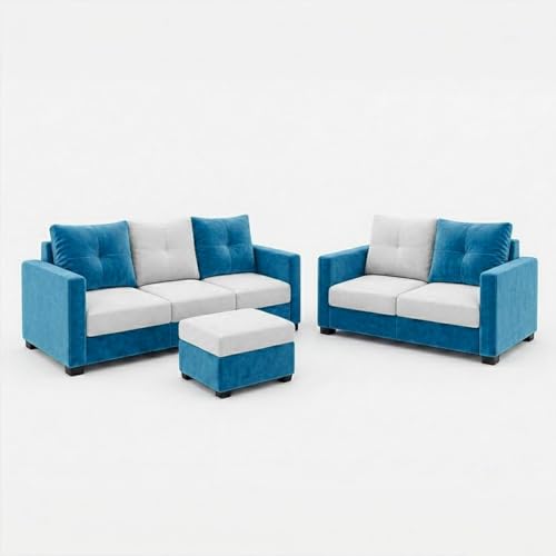 Image of FURNY Amonster 3 Seater + 2 Seater Fabric Sofa Set with 1 Ottoman (Aqua Blue - Light Gray) with Velvet Finish | Durable Comfort | Ideal for Living Room