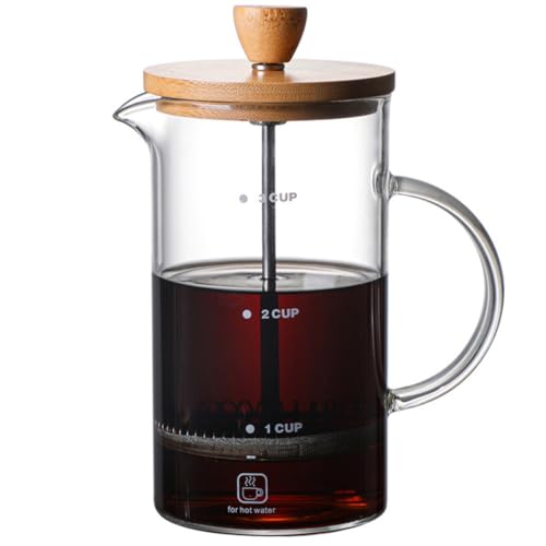 YARNOW Prensa de Café de Vidrio Manual de 400 Ml Tapa de Bambú, Resistente al Calor, Línea de Escala para Preparación Precisa, Fácil de Limpiar, Adecuado para Uso Doméstico y Cocina