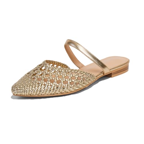 Image of Mesh Mules for Women Comfy Raffia Woven Strap Closed Pointed Toe Mule Flats Casual Slip on Dress Slides Flats