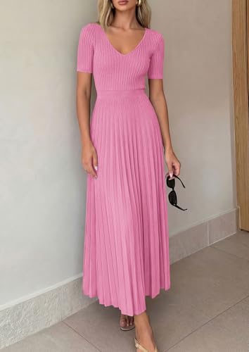 Image of PRETTYGARDEN Women's 2026 Spring Midi Sweater Dresses Elegant Pleated Ribbed Knit Short Sleeve V Neck A Line Summer Outfits