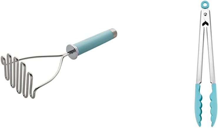 Gourmet Stainless Steel Wire Masher, 10.24-Inch, Aqua Sky & Silicone Tipped Stainless Steel Tongs, 10.26 Inch, Aqua Sky