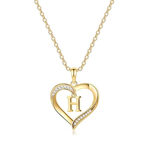 Heart Initial Necklace for Women, 14K Gold Plated Cubic Zirconia Heart Pendant Necklace, Dainty Initial Charm Necklace Letter A to Z Initial Jewelry for Women Girls