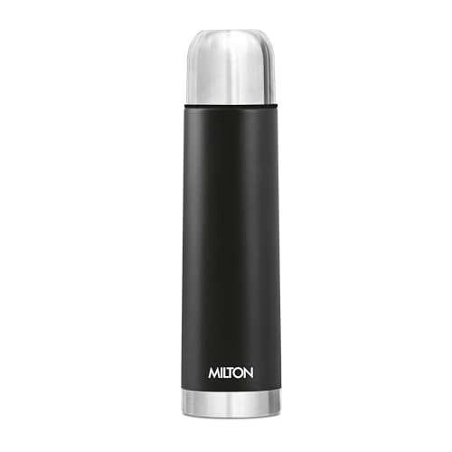 Milton Eco-Flip Flask 1 Litre (1000 ml) Stainless Steel Water Bottle – Double-Walled Vacuum Insulated to Keep Beverages Hot or Cold for 24 Hours, Leak-Proof, Ideal for Office, Gym & School – Black