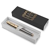 [puce_4] Parker IM Stylo plume  Collection Parker Pioneers, Laque grise avec capuchon et finitions or, Plume moyenne en acier inoxydable, Encre bleue