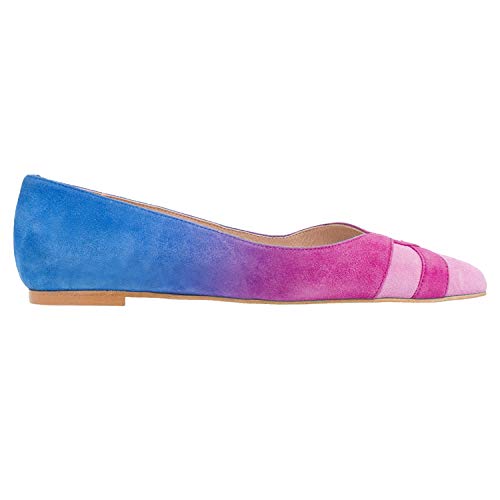 Women Rainbow Suede Leather Flat Shoes, Sexy Pointed Toe Slip-on Pumps for Ladies, Green, Pink-Blue, Yellow Dress Flats for Dating, Vacation, Full Size 4-16 M US2