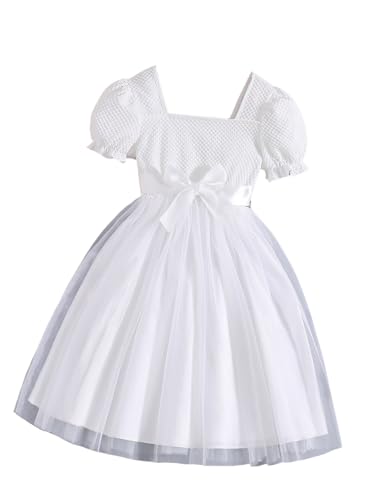 Verdusa Girl's Floral Puff Sleeve Mesh Dress Tie Waist Square Neck Flowy Midi Dresses2