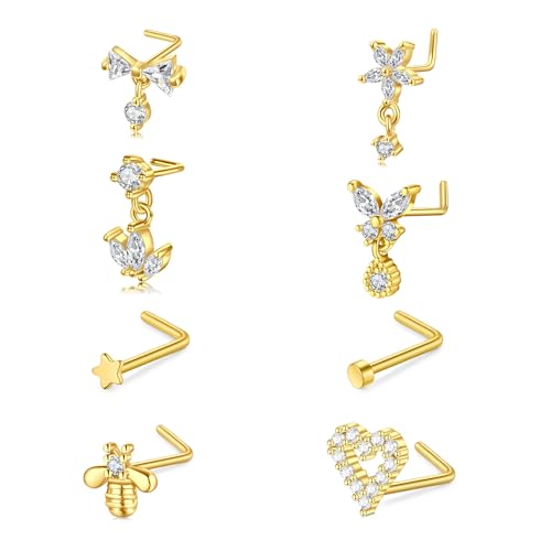 AceFun 8pcs Gold Nose Rings Studs Set for Women 20G Surgical Steel Dangle Nose Ring L-Shaped Star Nostril Nose Piercing Jewelry Hypoallergenic CZ Heart Butterfly Bow Flower Bee Nose Studs