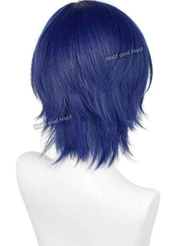 Image of Half and Half Short Dark Blue Anime Cosplay Wig for Men Deep Blue Virtual Singer Male Costume Wigs with Bangs for Women Unisex Halloween Party