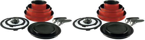 Image of T-fal Ingenio Nonstick Cookware Set, Induction, Oven Broiler Safe 500F, Cookware, Pots and Pans, RV, Camping, Oven, Broil, Dishwasher Safe, Detachable Handle, Red (Pack of 20)