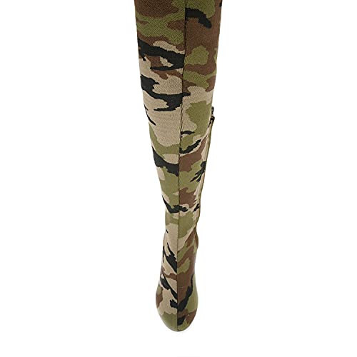 FOWT Women Camouflage Stretch Over The Knee Thigh High Boots Slim Calf Long Sock Boots Mid Block Heel Side Zipper Round Toe Green Shoes Winter Fall Army Party Daily Shoes Size 4-16 US4
