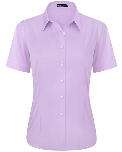J.VER Womens Shirts Short Sleeve Light Purple Fitted Stretch Business Casual Summer Button Down Shirt Formal Dress Work Ladies Tops Blouses S