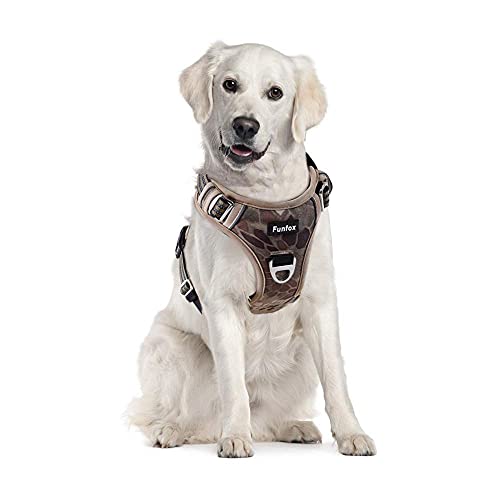 Funfox Hundegeschirr gegen Ziehen, verstellbare Hundeweste für entspanntes Gassigehen, atmungsaktives Oxford-Material, reflektierende Streifen, mit Metall-Frontclip für Kontrolle, große Rassen, Camo Cover