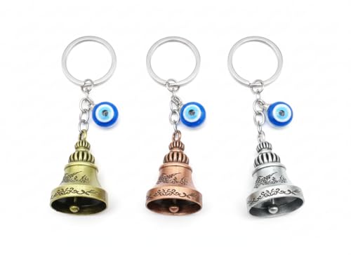UMANI® Handcrafted Evil Eye Protection Bell Keychains – Set of 3 (Antique Brass, Copper, & Silver Finish) (SKC-3PC BELL 3 MHT 0)