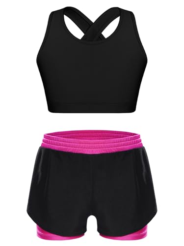 Kids Girls 2-piece Sports Set Cross Back Sleeveless Crop Tank Top With Double Layer Shorts For Athletic Hot Pink 12 Years