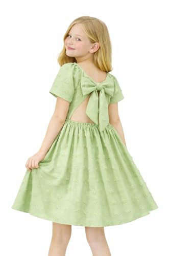Image of HILEELANG Girls Summer Dress Bow Tie Back A-Line Party Dress for Little Big Girls Short Sleeve Dress with Lining 6-12 Years