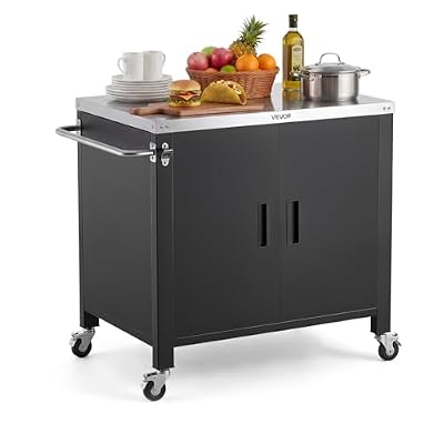 VEVOR Outdoor Grill Cart with Storage Cabinet, 40 Inch Grill Table, Waterproof Kitchen Island with Stainless Steel Top, Spice Rack, and Wheels, Movable Food Prep Station for Patio Bar Backyard BBQ