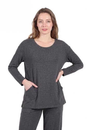 Image of LA CERA Women's Brushed Knit Sweater Top, Long Sleeves, Side Pockets, Round Neck, 80% Rayon, 15% Polyester, 5% Spandex