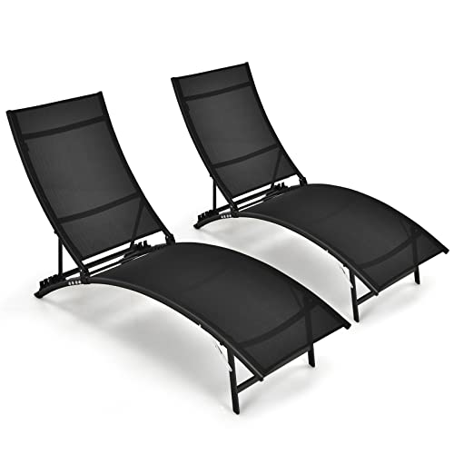Giantex Outdoor Chaise Lounge Set Of 2, Foldable Pool Lounge Chairs With 5-Position Adjustable Backrest, Quick-Drying Fabric, Patio Lounger For Backyard, Beach, Lawn, Sunbathing Recliner, Black #TOP15
