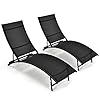 Giantex Outdoor Chaise Lounge Set of 2 Foldable Pool Lounge Chairs with 5 Position Adjustable Backrest Quick Drying Fabric Patio Lounger for Backyard Beach Lawn Sunbathing Recliner Black