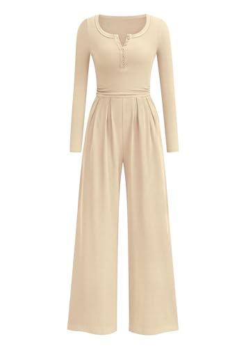 PRETTYGARDEN Jumpsuits for Women Dressy Casual 2025 Fall One Piece Outfits Long Sleeve Wide Leg Pants Romper Fashion Clothing (Beige,Medium)