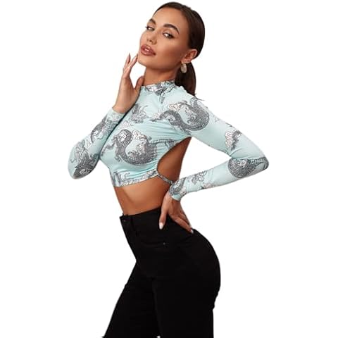 TOYTEM Backless Dragon Print Crop Top Cover