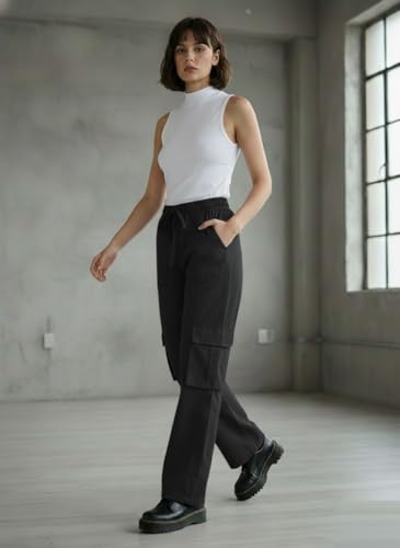 Image of SMOWKLY Women's Casual Cargo Pant| Baggy Fit Multi Pocket Streetwear Pants | High Waist Cargo Trousers | Stretchable Cotton Blend Utility Pants for Women |Office & Casual Wear