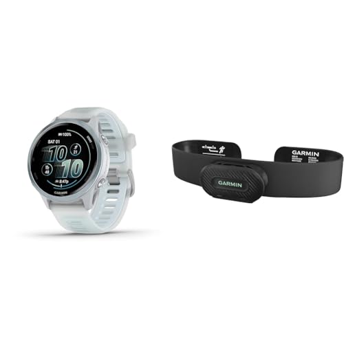 Image of Bundle of Garmin Forerunner 570, 42mm, GPS Running Smartwatch, AMOLED Display, Training and Recovery Features, Cloud Blue Aluminum with Translucent Whitestone /Band + Garmin HRM-Fit