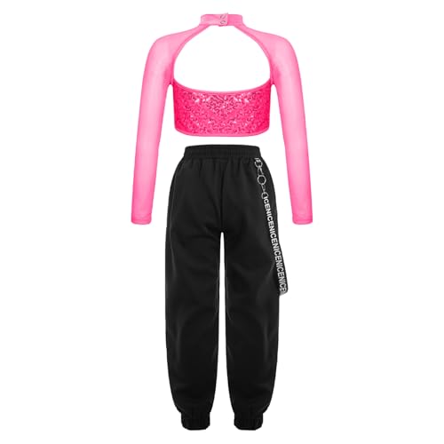 Kids Girls 2Pcs Dance Tracksuit Shiny Crop Top with Cargo Pants Outfits for Hip Hop Sports Dancewear2