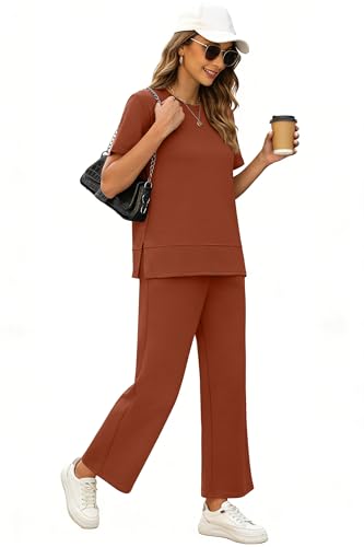 Image of XIEERDUO Women's Side Slit Lounge Sets 2026 Fashion 2 Piece Travel Outfits Cozy Loungewear Wide Leg Tracksuits S-3XL