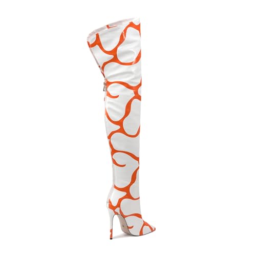 Image of Thigh high boots for women striped Back zipper Burgundy Zebra Print Over the knee Sexy gold white pointed toe Cow Print leopard Magenta stiletto heel