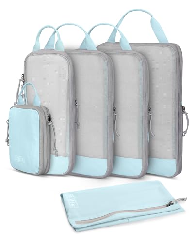 Hynes Eagle 6 Set/ 4 Set/ 2 Set Compression Packing Cubes Travel Essentials Lightweight Nylon Luggage Suitcase Organizer Bag Light Blue 6PCS