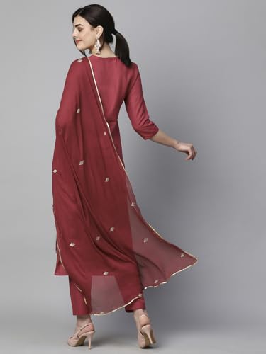 Image of GoSriKi Women's Cotton Blend Embroidered Kurta Set with Pant & Dupatta - Straight Calf‑Length, 3 /4 Sleeve, Round Neck - Elegant Ethnic Attire (5 Colors, S-5XL)