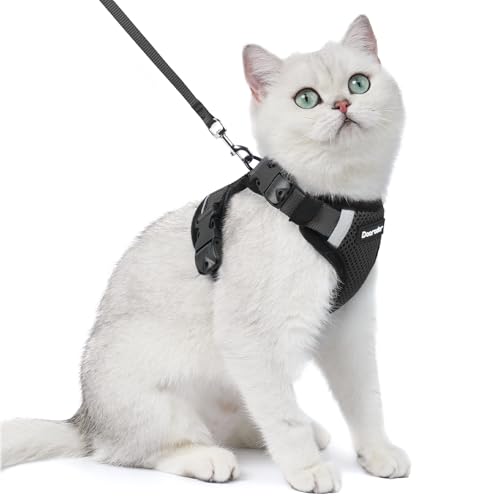 Dooradar Cat Harness and Leash Set with Neck Release Buckle, Black | Escape Proof, 3 Easy-on Buckles, Smooth & Lockable Adjustment, Soft Air Mesh, Reflective, for Small to Average Cat Walks, S
