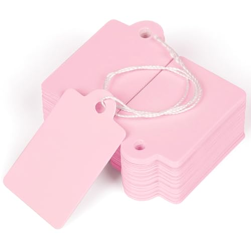 Uniclife 200 Pcs Price Tags with String Attached 1 3/8 x 7/8 Writable Pink Hang Tag String Tag for Pricing Clothing Jewelry Price Display Labels Blank Merchandise Marking Paper Label