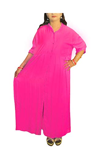 Lakkar haveli Indian Solid Pink Color Women's Long Kurtis Girl's Cotton Dress Casual Tunic Plus Size (Medium)